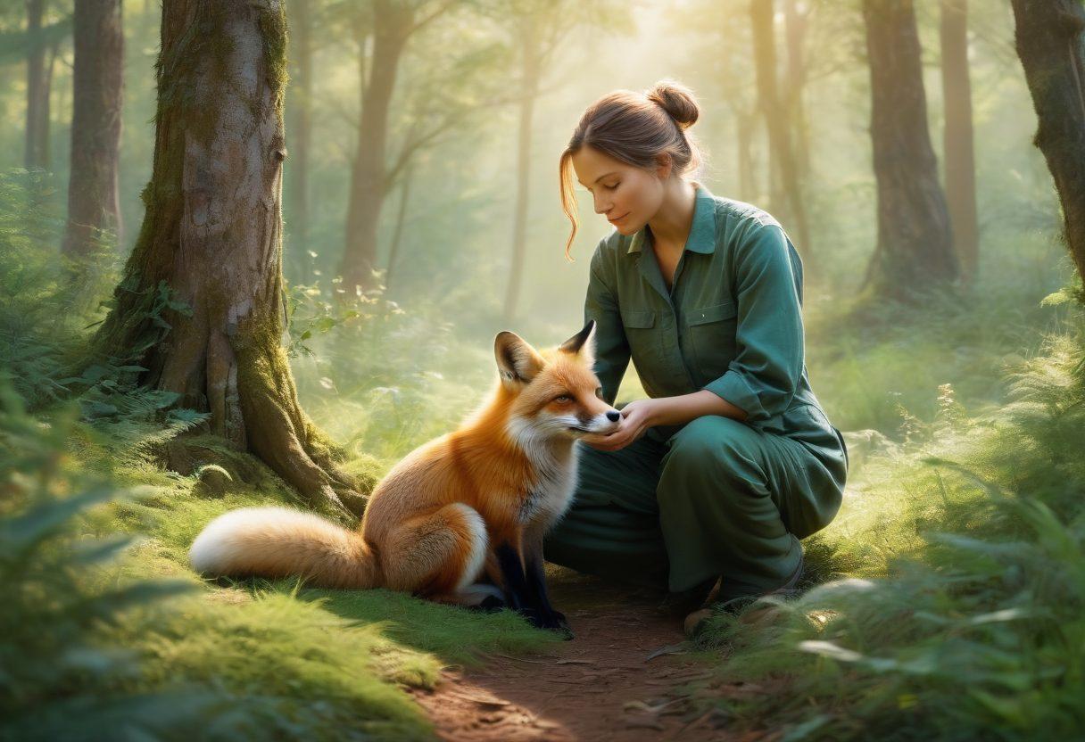 A serene forest scene with a compassionate caretaker gently nurturing a playful fox, surrounded by lush greenery and soft sunlight filtering through the trees. In the background, various wildlife recovery programs are depicted through subtle hints like rescue cages and medical equipment. The atmosphere is filled with hope and healing, showcasing the bond between humans and wildlife. Style: vibrant nature painting with soft brush strokes.