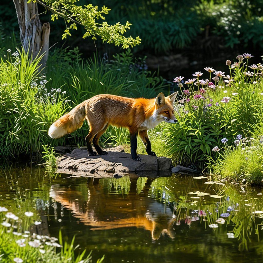 A serene fox sanctuary under a soft, warm sunlight, featuring playful foxes frolicking among lush greenery. Compassionate caretakers interacting gently with the animals, showcasing an atmosphere of nurturing and love. Include a tranquil pond reflecting the vibrant colors of blooming wildflowers in the foreground. The scene conveys a sense of healing and connection between humans and wildlife. super-realistic. vibrant colors. nature theme.
