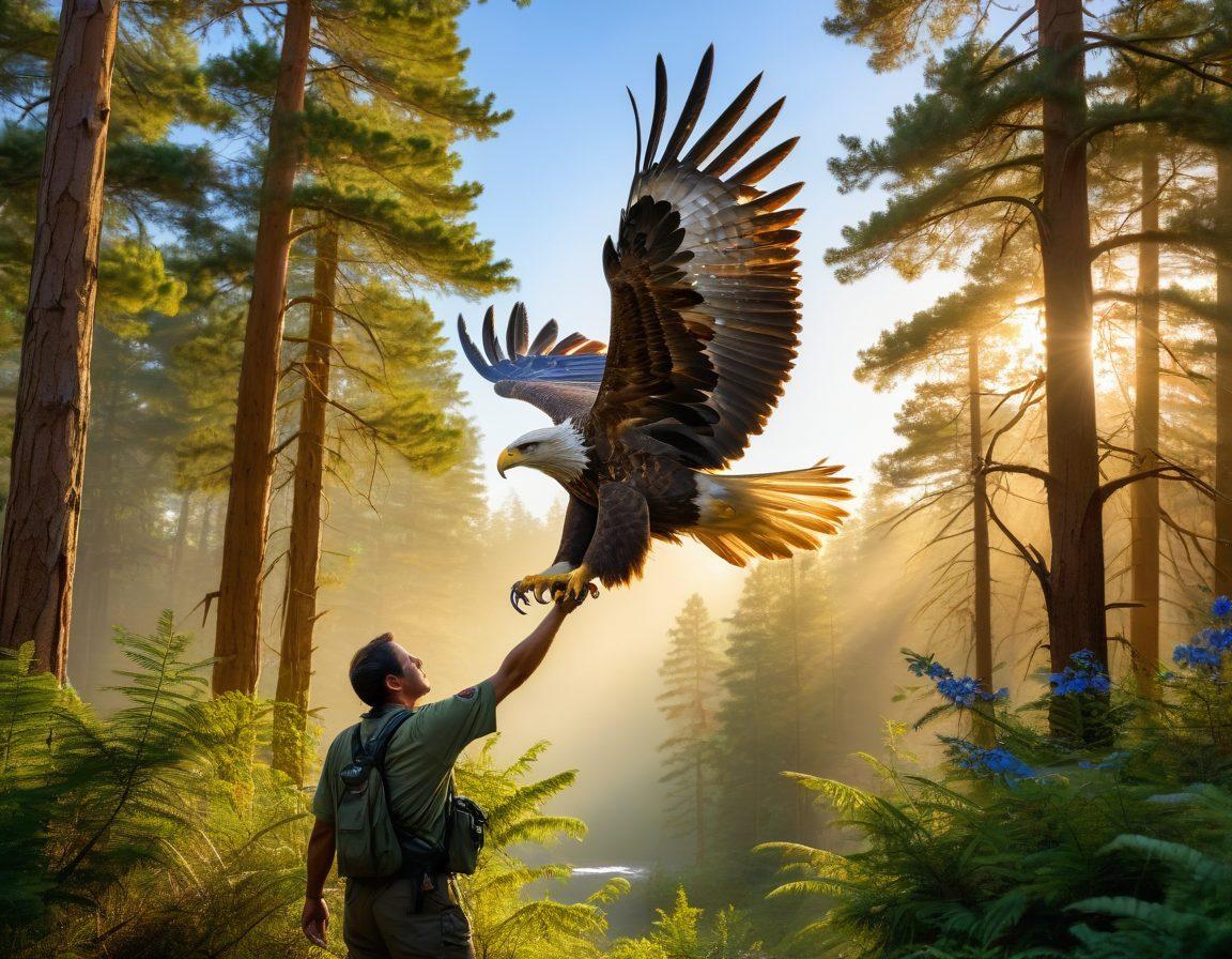 A serene scene depicting a wounded animal being rehabilitated by a caring wildlife rescuer in a lush forest setting, showcasing vibrant greenery and gentle sunlight filtering through the trees. The animal, a majestic eagle, is seen soaring into the sky, symbolizing freedom and recovery. Include elements of hope and renewal, with soft, warm colors enhancing the uplifting atmosphere. painterly style. vibrant colors. natural background.
